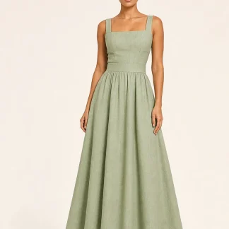 Trägerloses Maxikleid mit weitem Ausschnitt, breiten Trägern und ausgestelltem Rock und hoher Taille
